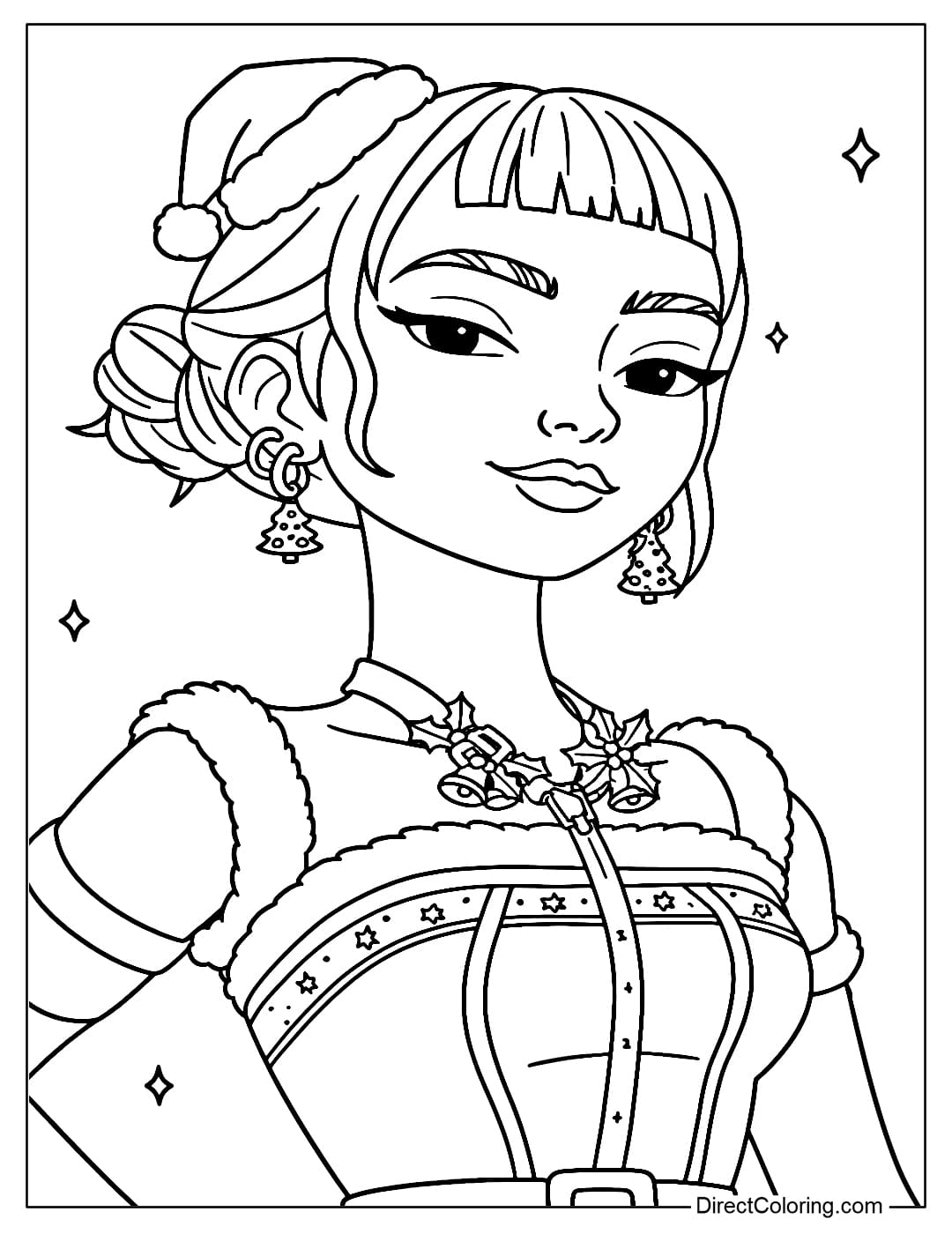 Zoey Kpop Demon Hunters coloring page wearing a Santa hat, neatly bunned hair with a few loose strands for highlights, a necklace decorated with Christmas bells and holly leaves.