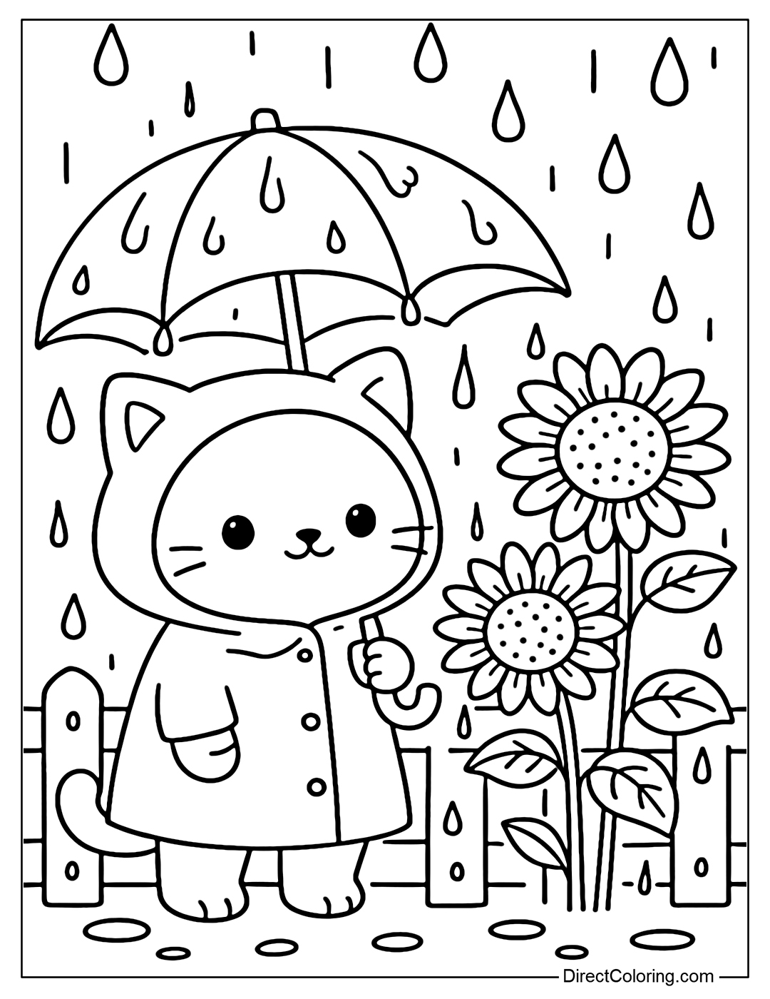 A rain-soaked fence coloring page with sparkling water drops, a little cat wearing a raincoat standing under an umbrella, and swaying sunflowers.
