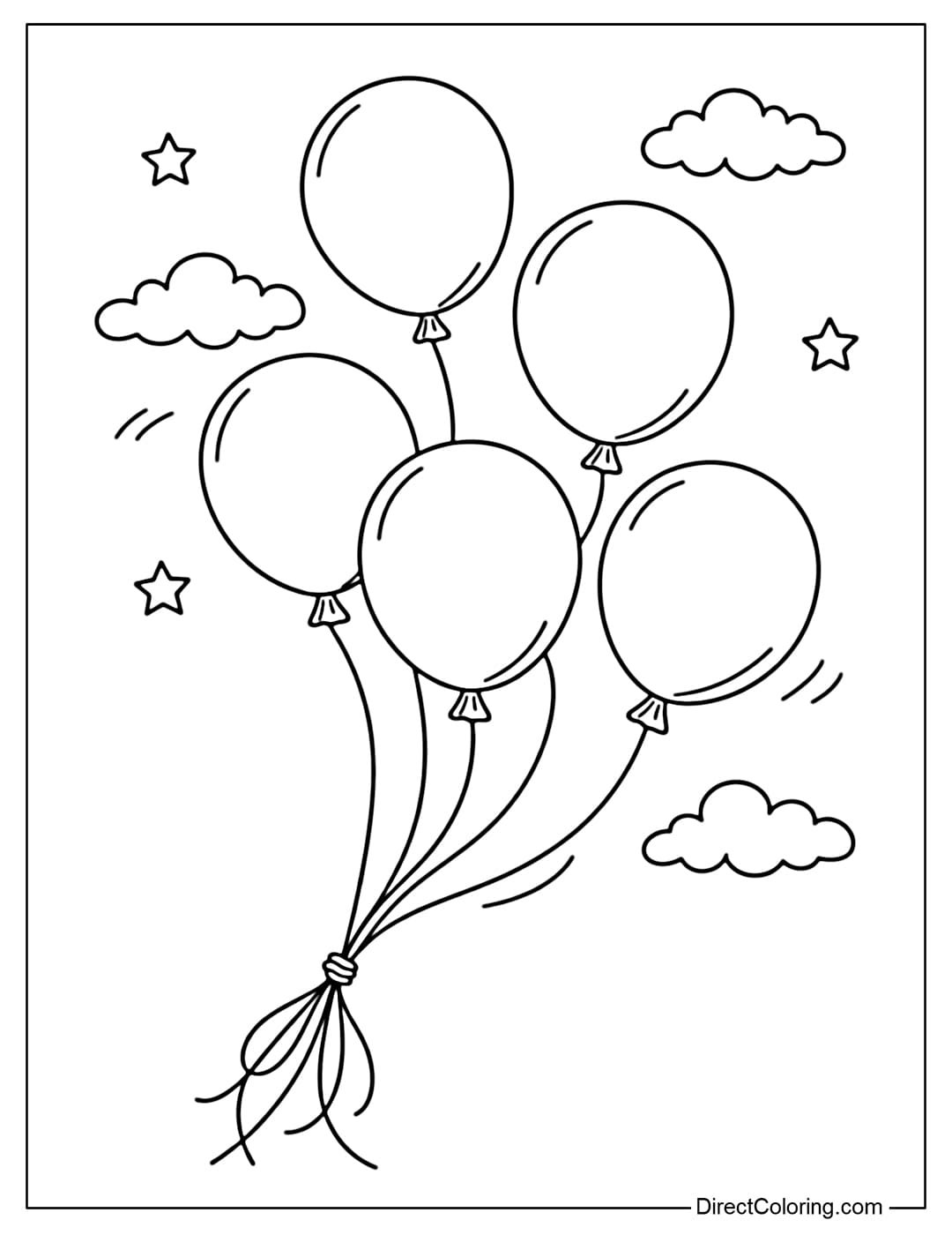 Coloring page of a cluster of five round balloons floating high in the air, with a long, gently curved string.