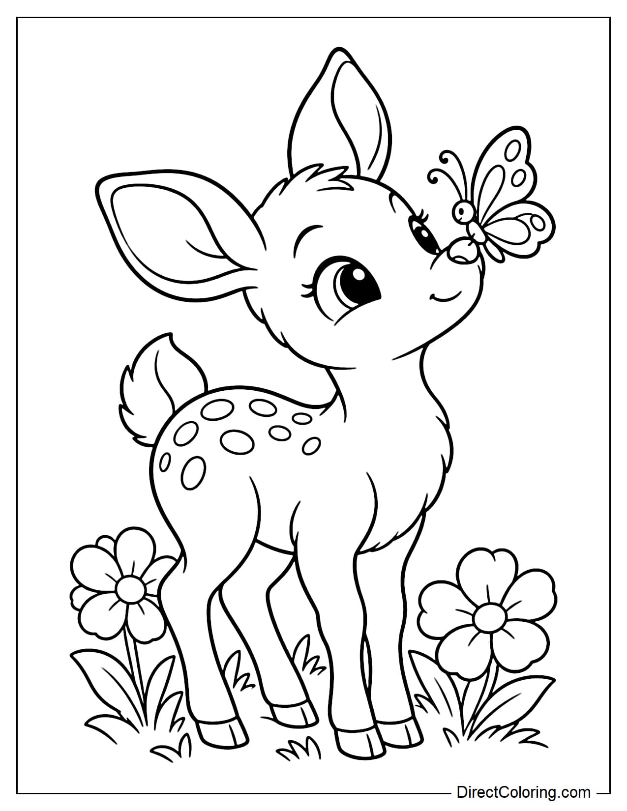 A chubby baby deer standing with its head slightly raised as a small butterfly rests on its nose, with two large flowers and a few tufts of grass at its feet.