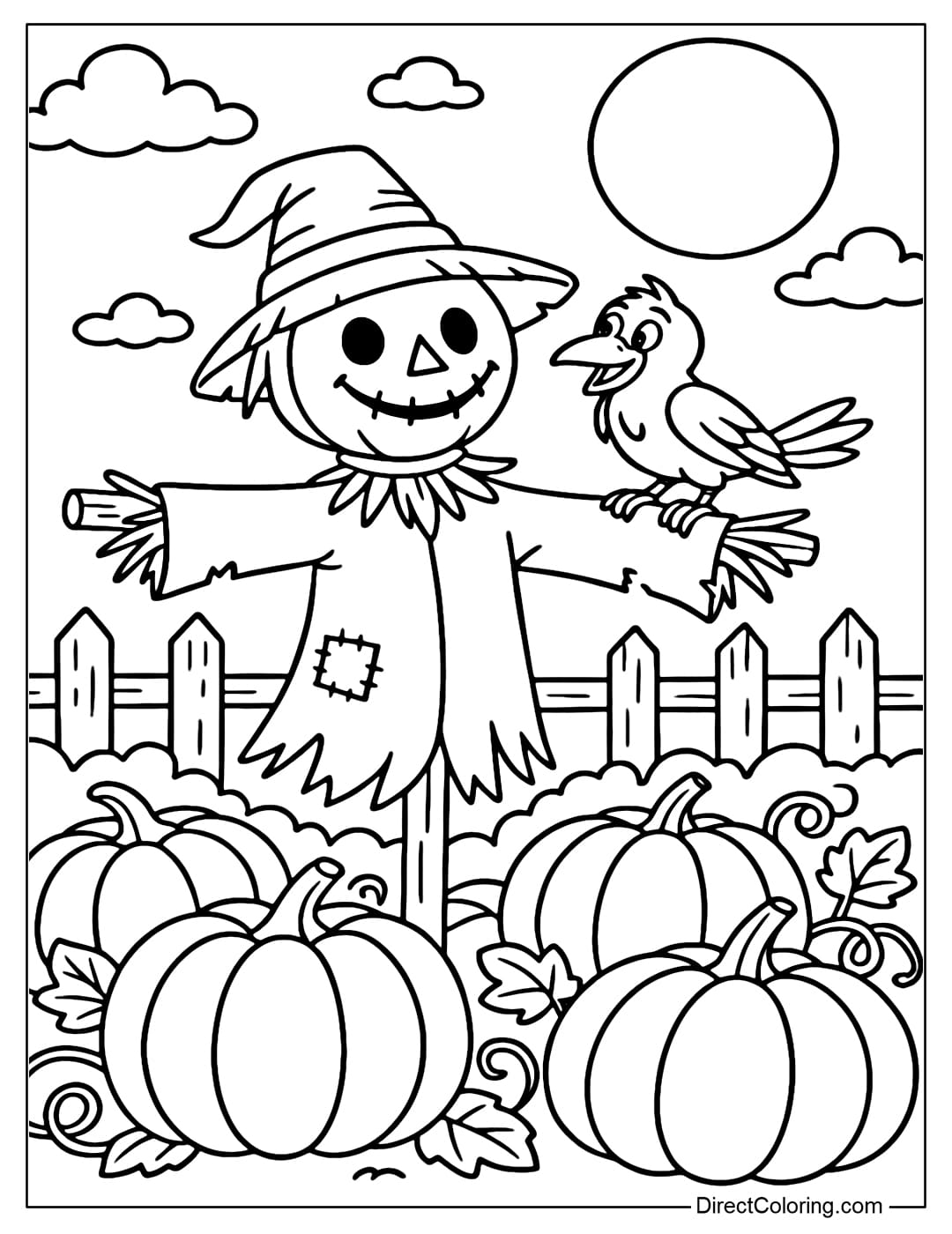 A mischievous crow coloring page perched on a scarecrow's shoulder in the middle of a pumpkin field, in the distance is a wooden fence and a full moon on Halloween night.