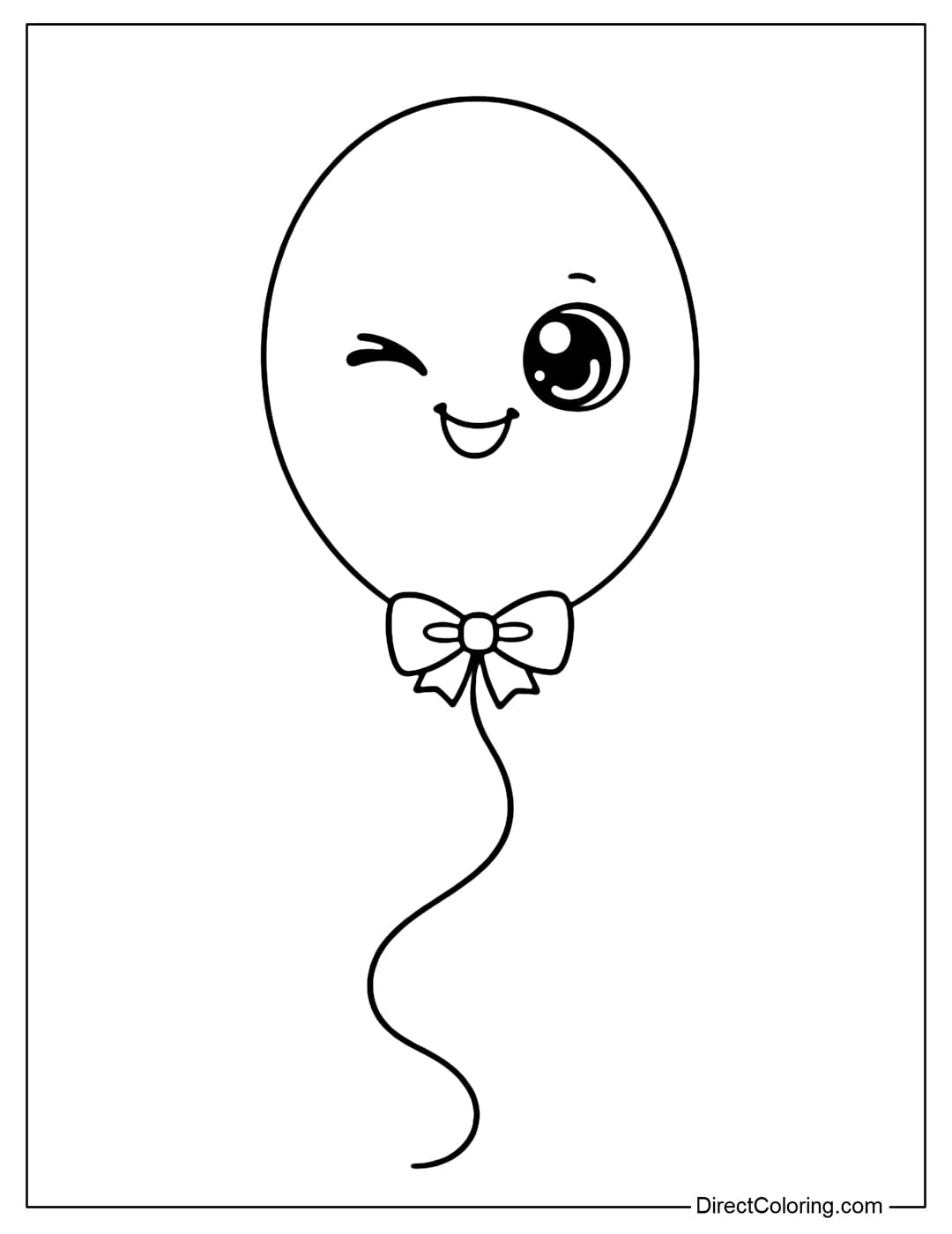 A coloring page featuring a round balloon with a cute face, one eye winking mischievously, the other big, sparkling eye, and a cheerful smile.
