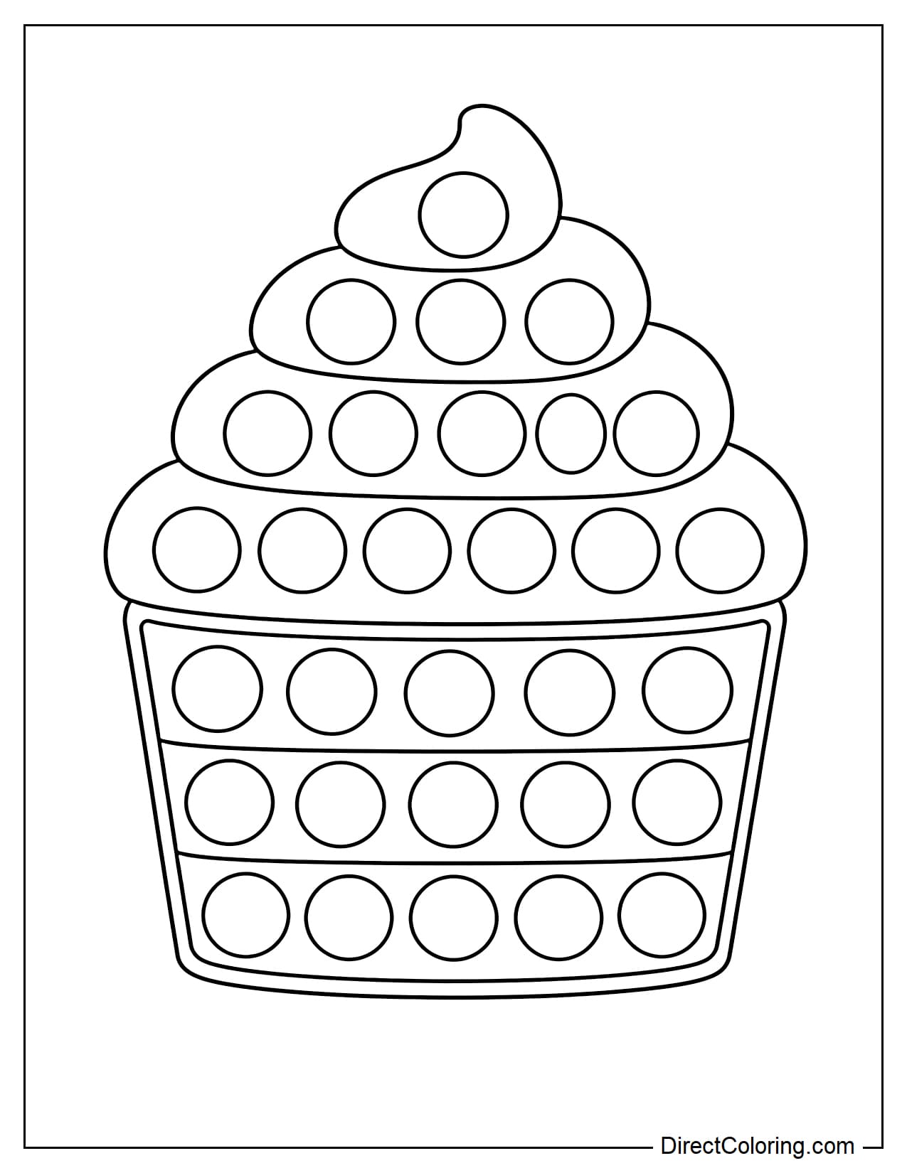 A cupcake-shaped pop it with a simple swirl of cream on top and a cylindrical base, and round bubbles evenly distributed.