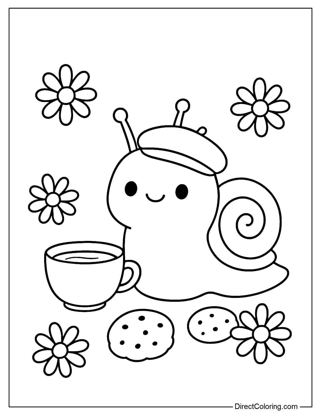 Coloring page of a snail sitting next to a small cup of tea, wearing a cute beret, surrounded by cookies and daisies.