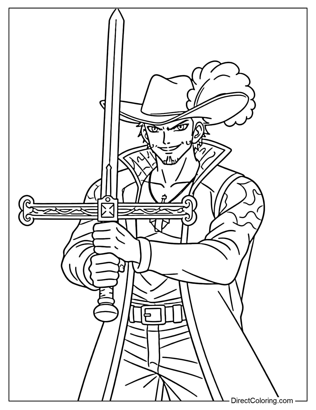 Marine Hunter Dracule Mihawk is holding the famous black sword Yoru, wearing a wide-brimmed hat adorned with feathers and a high-collared coat.