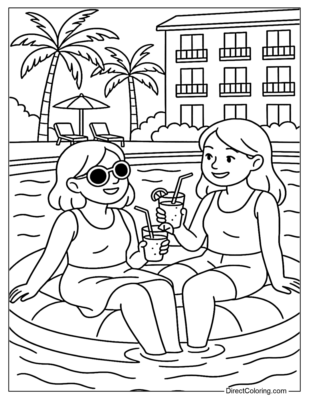 A coloring page of two girls sitting on a large float next to the hotel pool, drinking fruit juice and chatting.