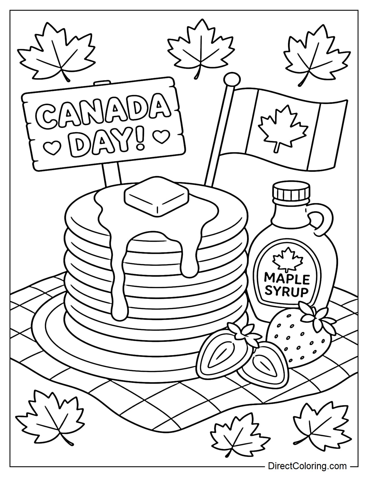 A large pancake with a maple syrup bottle and a few strawberry slices next to it in a Canada Day picnic, surrounded by maple leaves.
