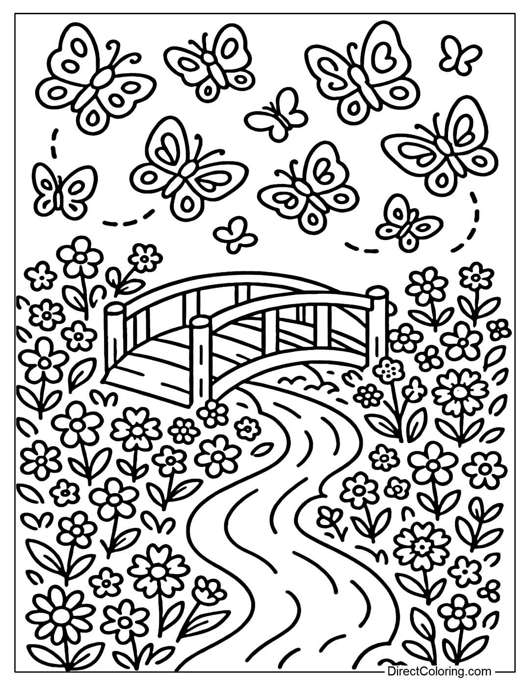 A small wooden bridge coloring page across the stream, surrounded by wild flowers, butterflies flying in the air with diverse and soft wing patterns.