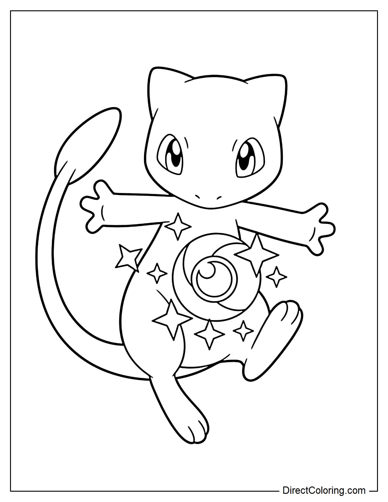 Mew with both arms extended forward, its long tail curled around its body, a large energy orb and several stars in front.