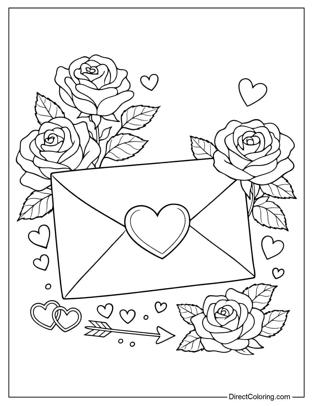 A coloring page of roses with a heart-shaped envelope, creating a gentle Valentine's Day atmosphere.