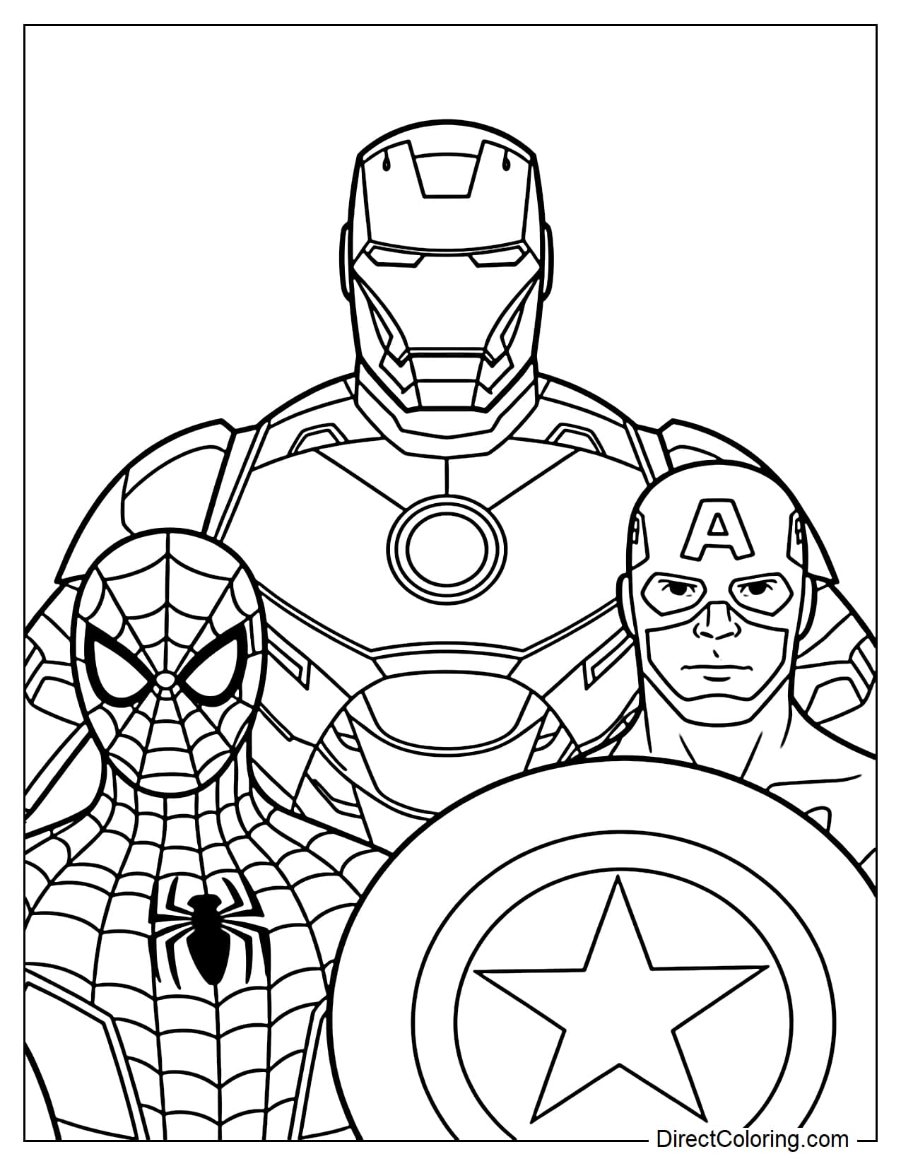 Iron Man stands in the center with Spider-Man and Captain America on either side.