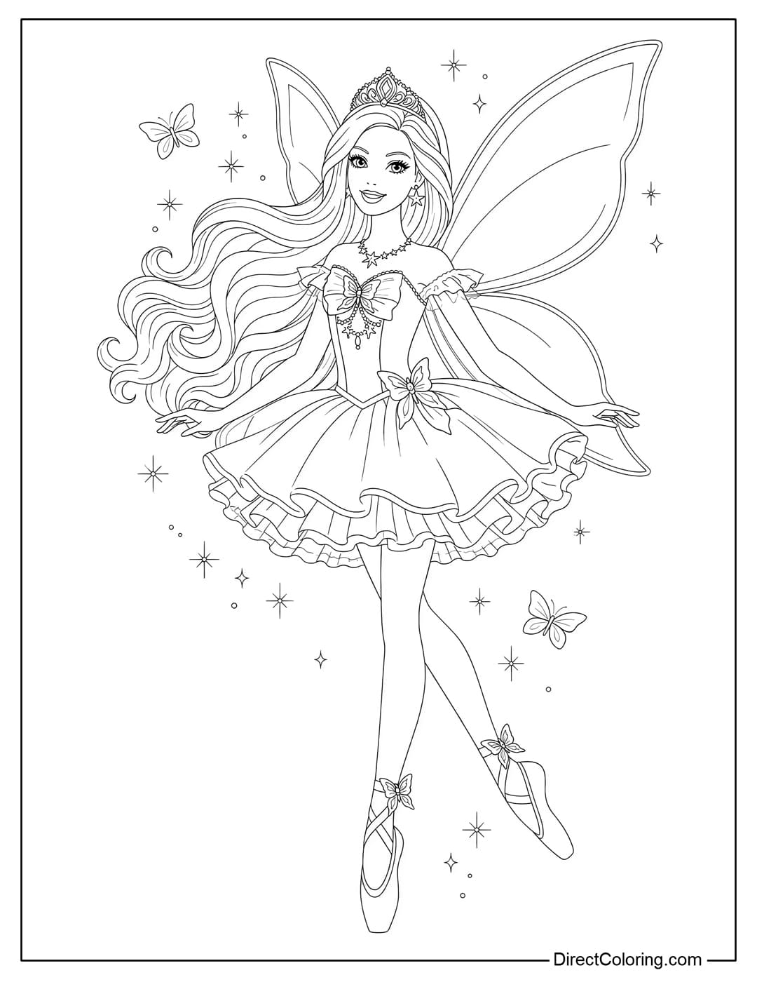 A coloring page featuring Barbie with sparkling fairy wings.