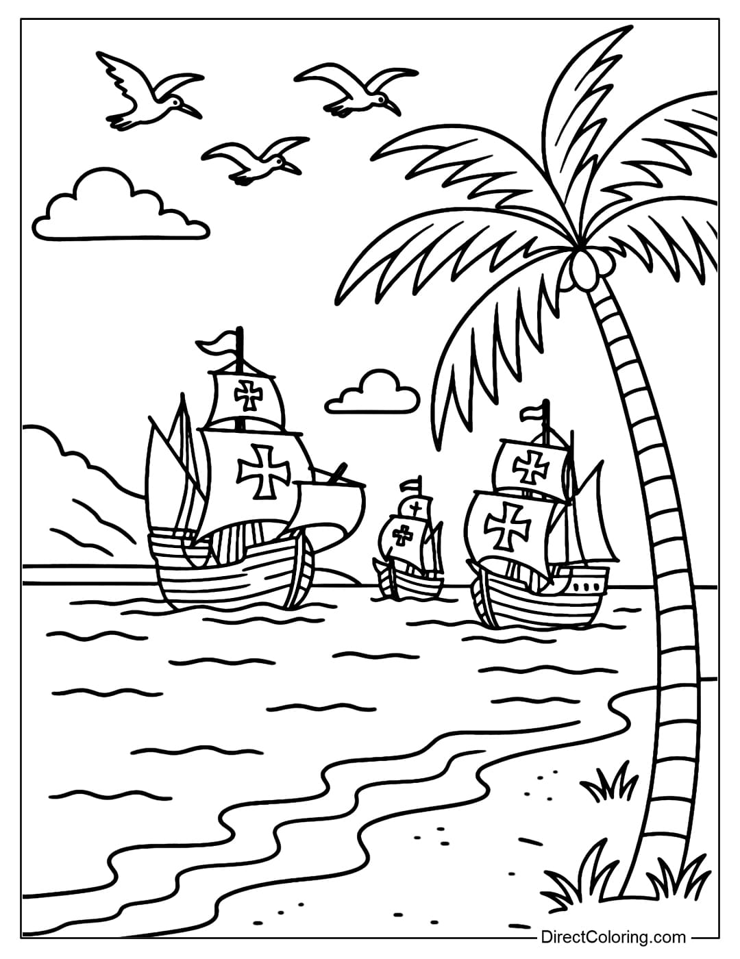 Coloring page of the three Columbus ships approaching the mainland with coconut trees, strange birds and sandy beaches.
