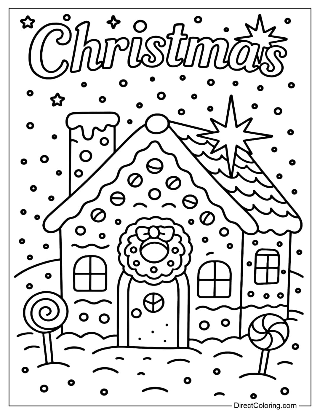 A sparkling gingerbread house coloring page on Christmas Eve, with a wreath hanging on the door.