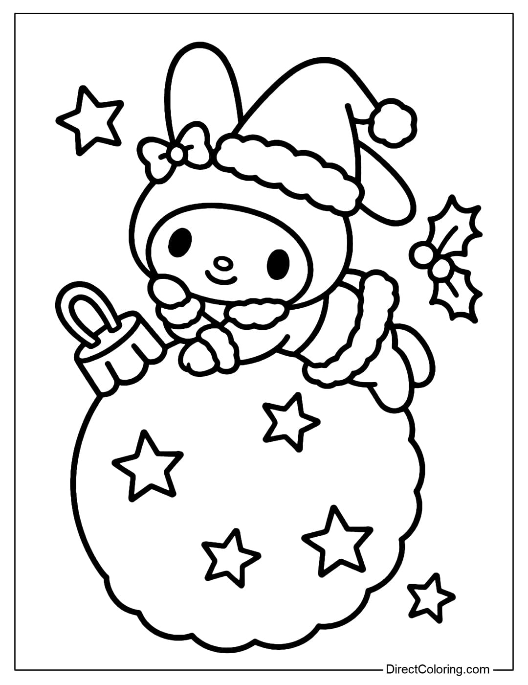 My Melody coloring page wearing a Santa costume lying on a giant Christmas bauble.