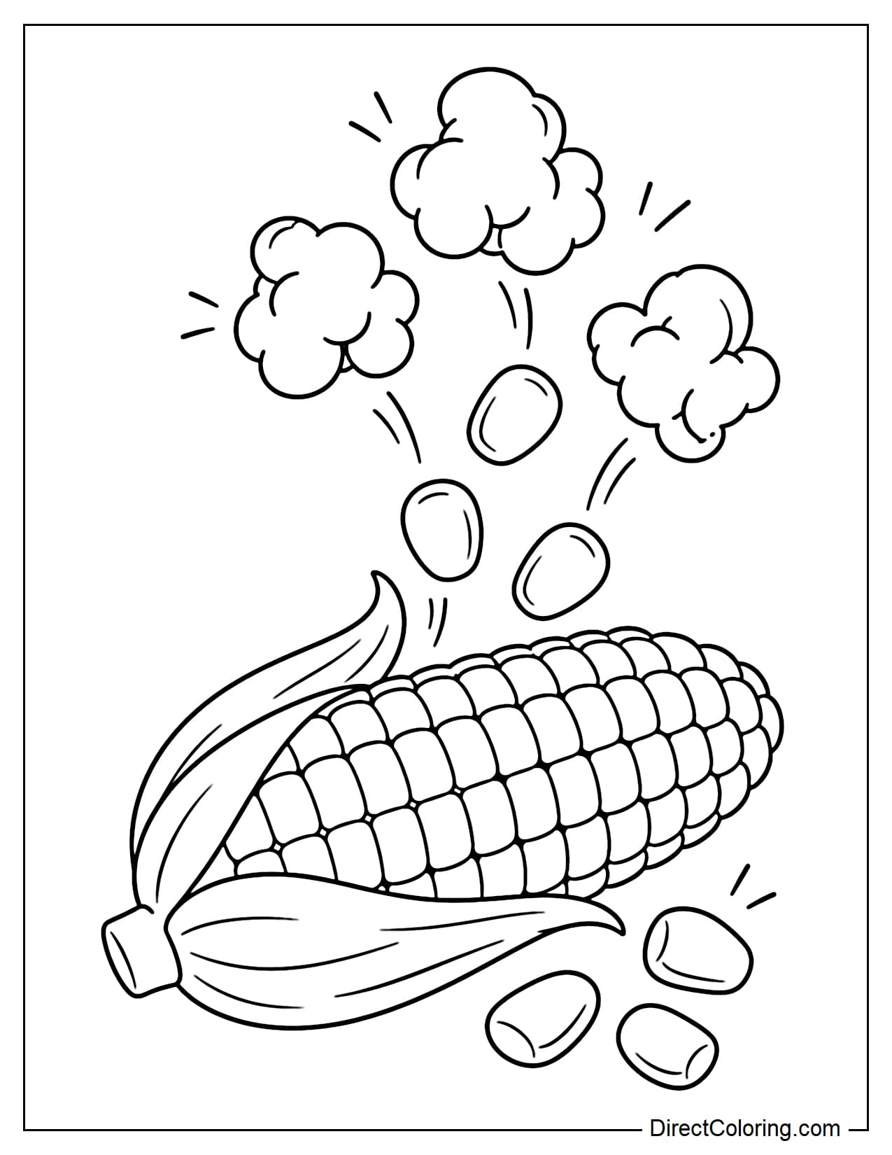 A large corn cob lies on its side with a few large kernels separated from the cob below, while kernels above are popping into large, fluffy pieces of popcorn.