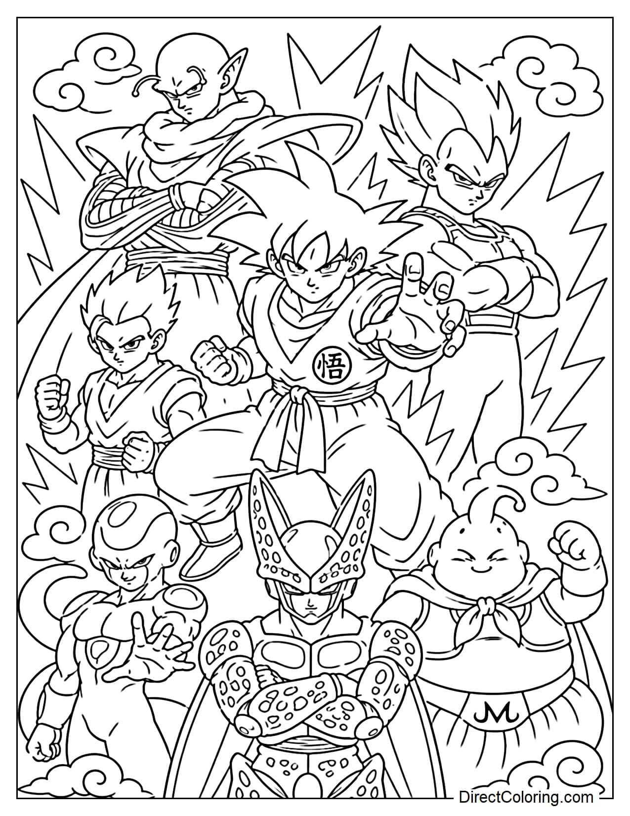 Poster with Goku, Vegeta, Gohan, and Piccolo in the upper half, Frieza, Cell, and Majin Buu below, arranged in a staggered fighting pose, with some large energy beams and swirling clouds.