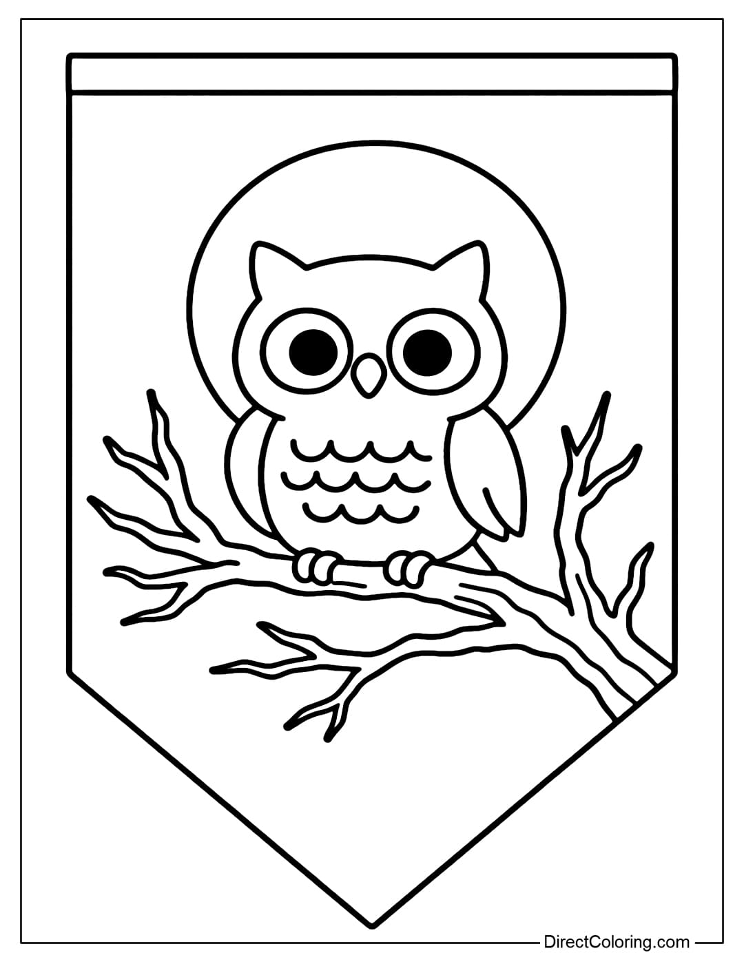 Halloween decorative flag coloring page with an owl sitting on a dry tree branch, behind is a full moon.