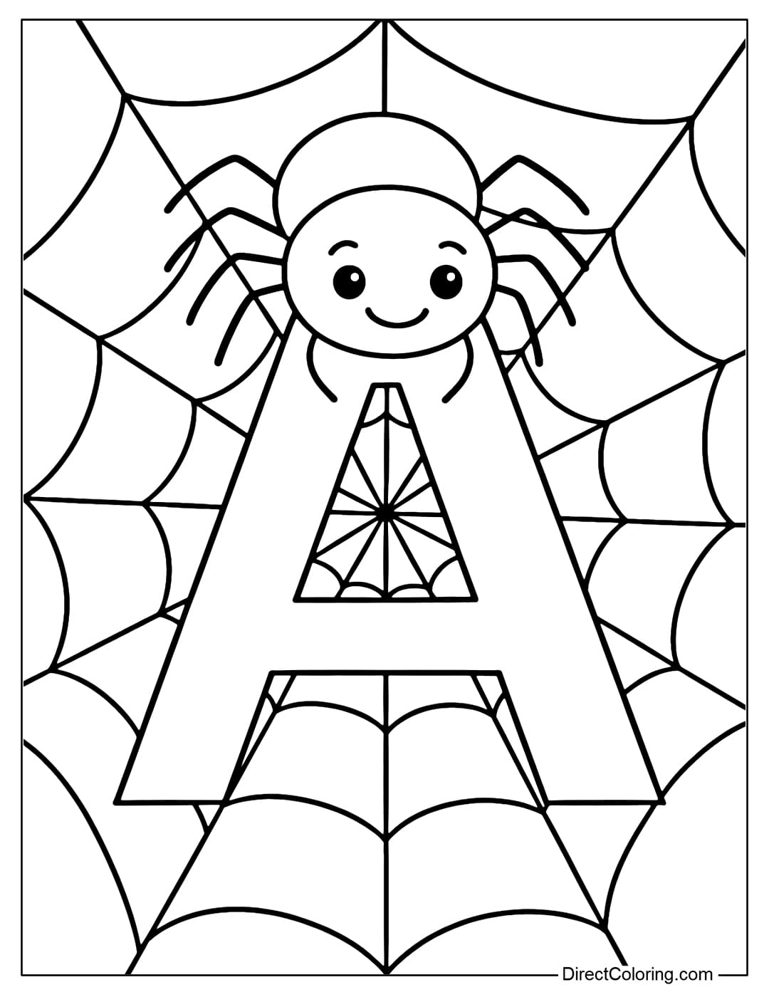 A spider coloring page sitting on a giant letter A, spider webs around the letter.