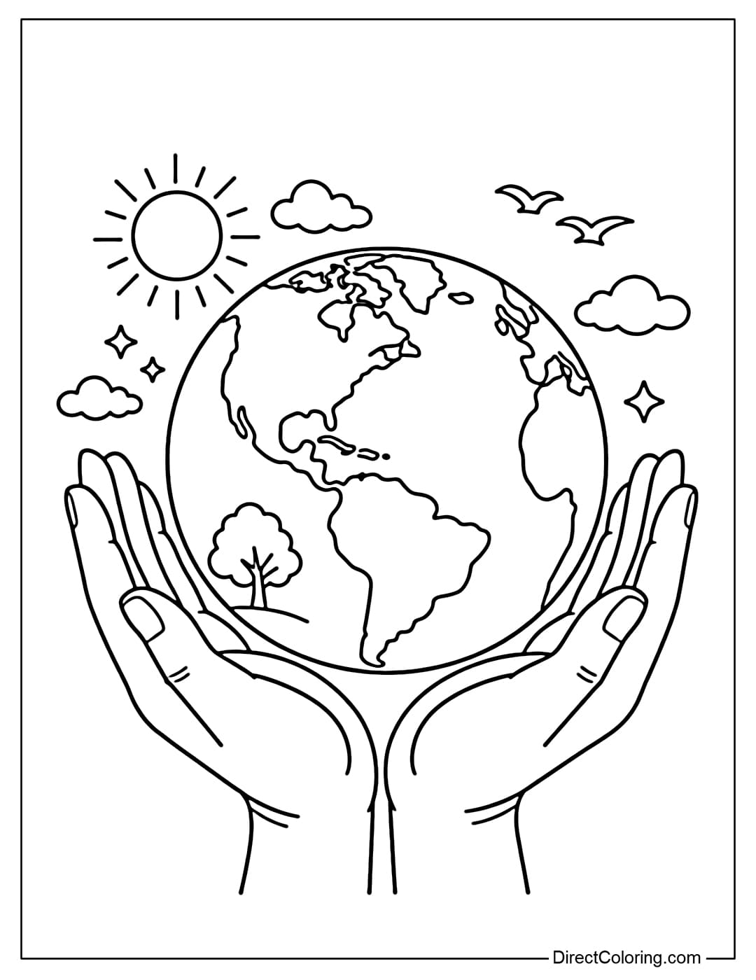 Coloring page of two large hands supporting an Earth in the center, symbolizing protection of the planet.