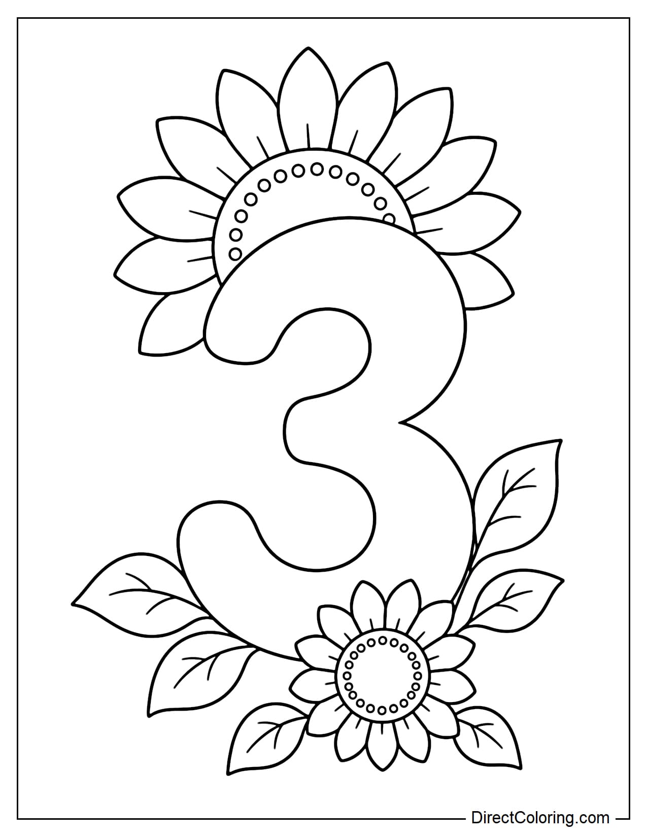 A simple, large number 3, with a sunflower peeking out from behind the top of the number, and a small, slightly off-center sunflower in front of the number's base, interspersed with a few simple leaves.
