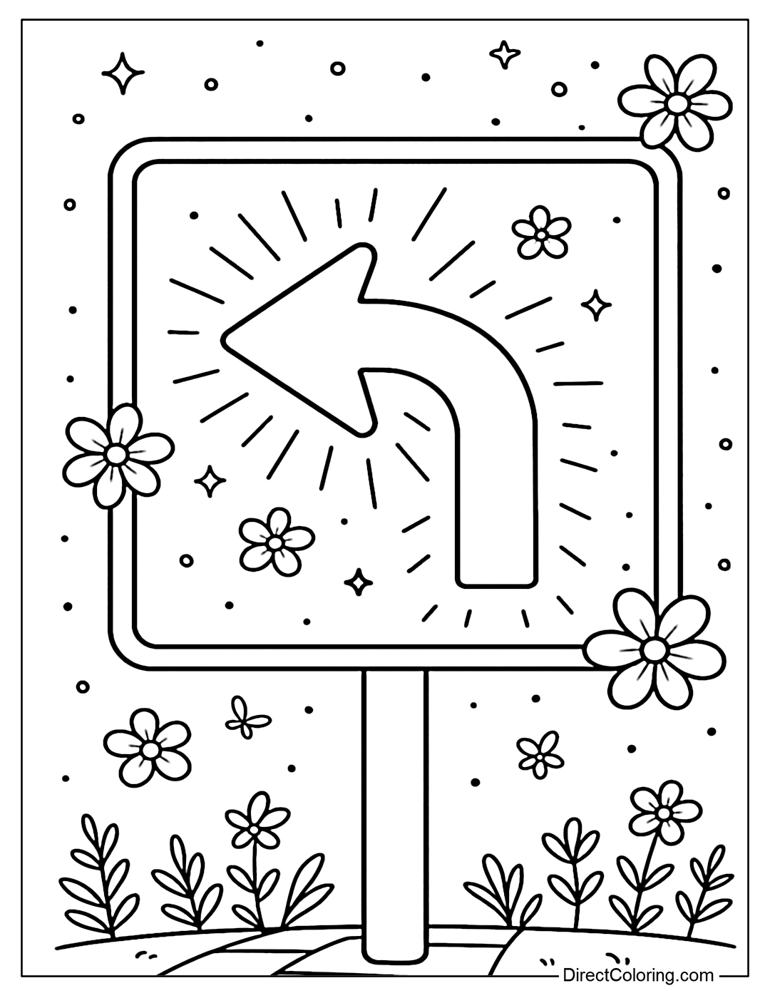 Coloring page of the sea turn left, glowing arrow with light glowing flower.