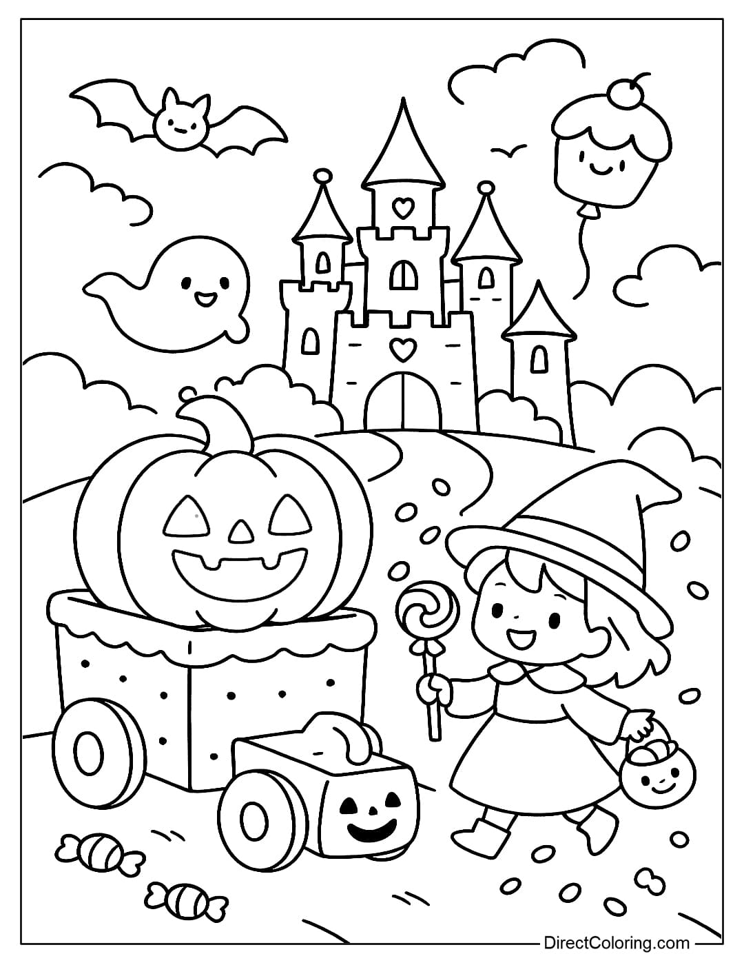 Coloring page of the Candy Kingdom parade, the pumpkin-carrying cookie cart smiles brightly, the little witch throws candy down the street.