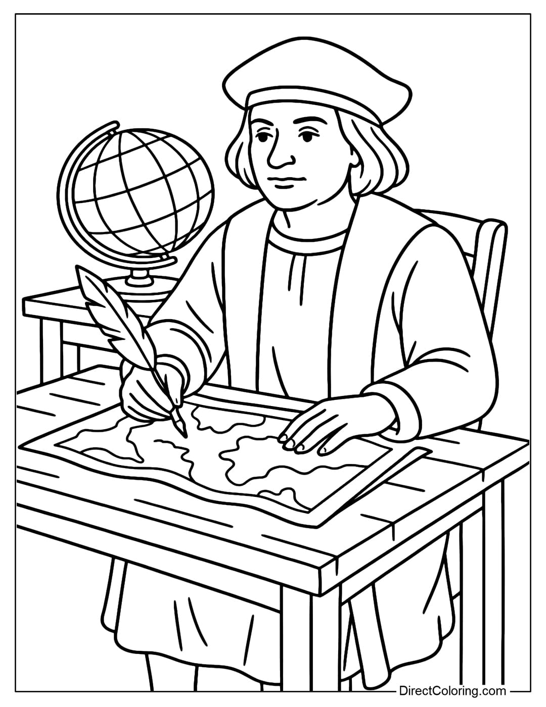 Coloring page of Columbus sitting at a wooden table, with a globe, an extended map and a quill pen on the table.