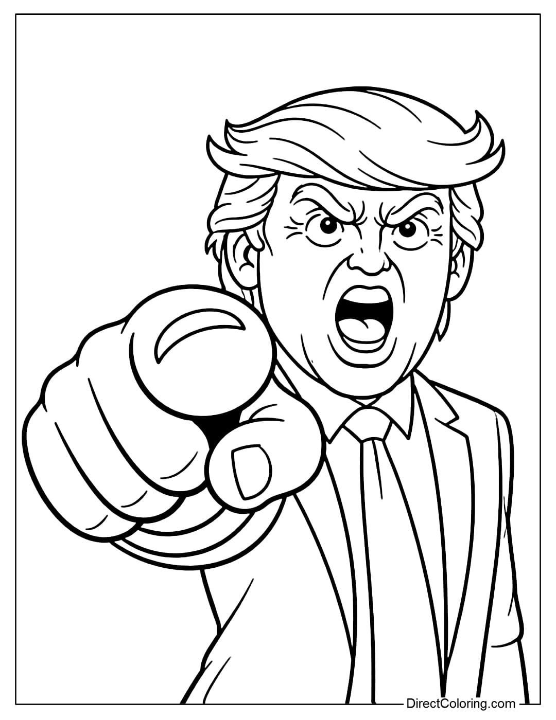 A funny Donald Trump pose pointing straight forward, with exaggerated arm and fingers.