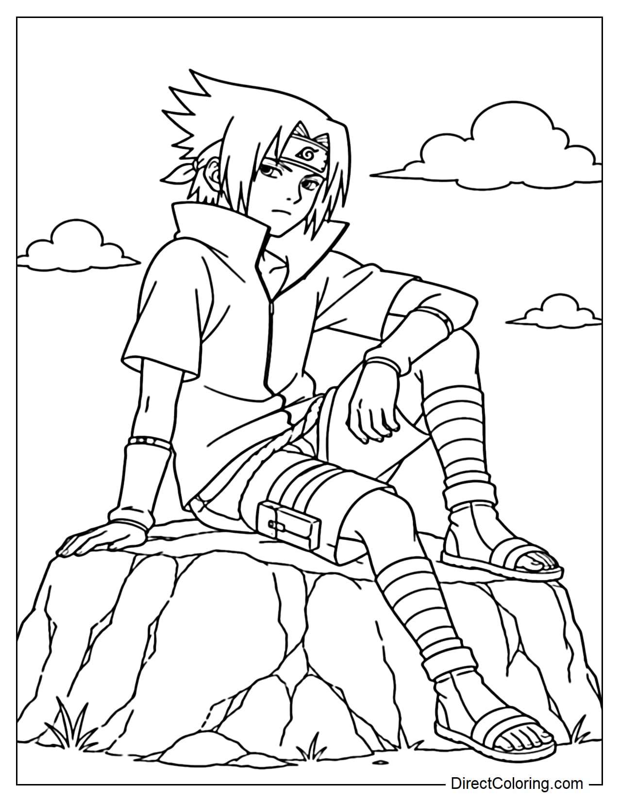 Sasuke sits on a small rock with a cold expression, one hand lightly propped up, with a few clouds behind him.