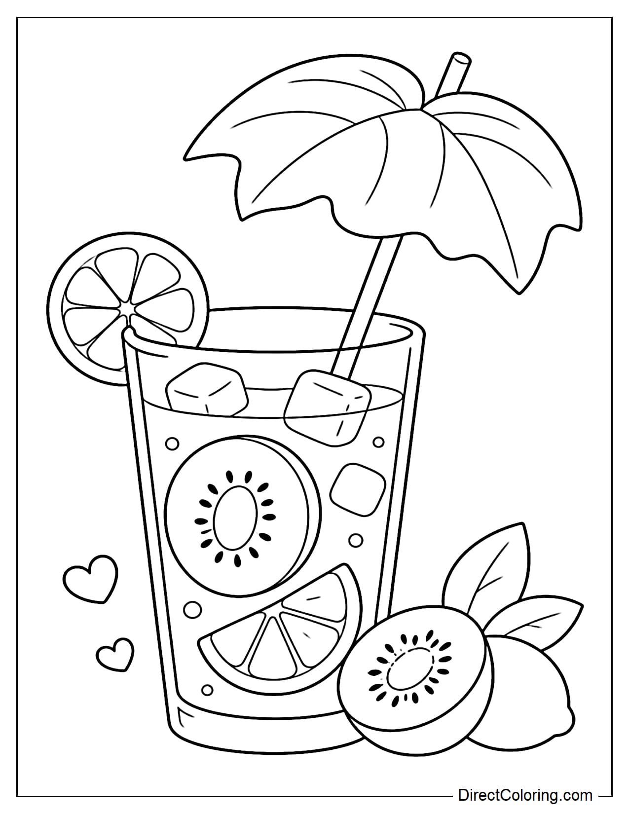 A kiwi lemon drink with a small umbrella made from a large leaf (leaf umbrella), with kiwi and lemon on the side.