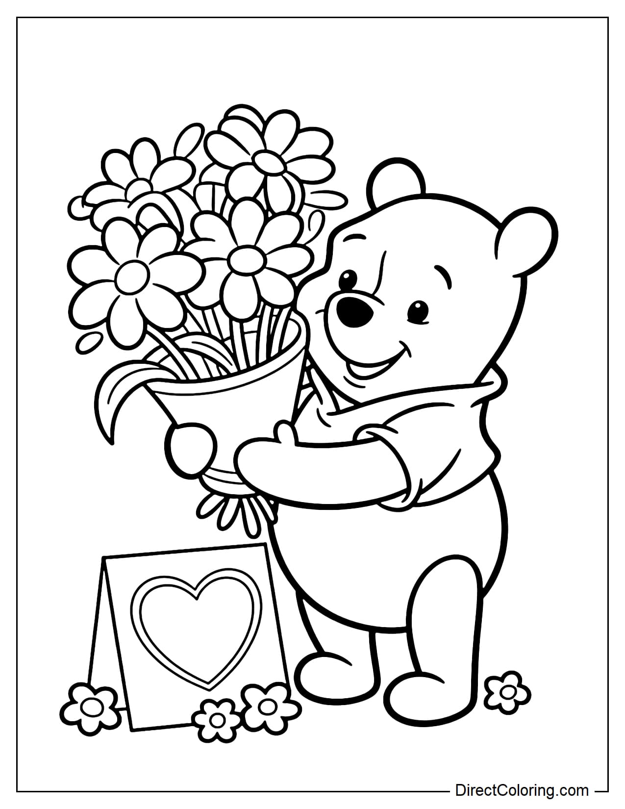 Winnie the Pooh is giving a large bouquet of flowers for Mother's Day, with a heart-shaped card in front and a few small flowers around it.