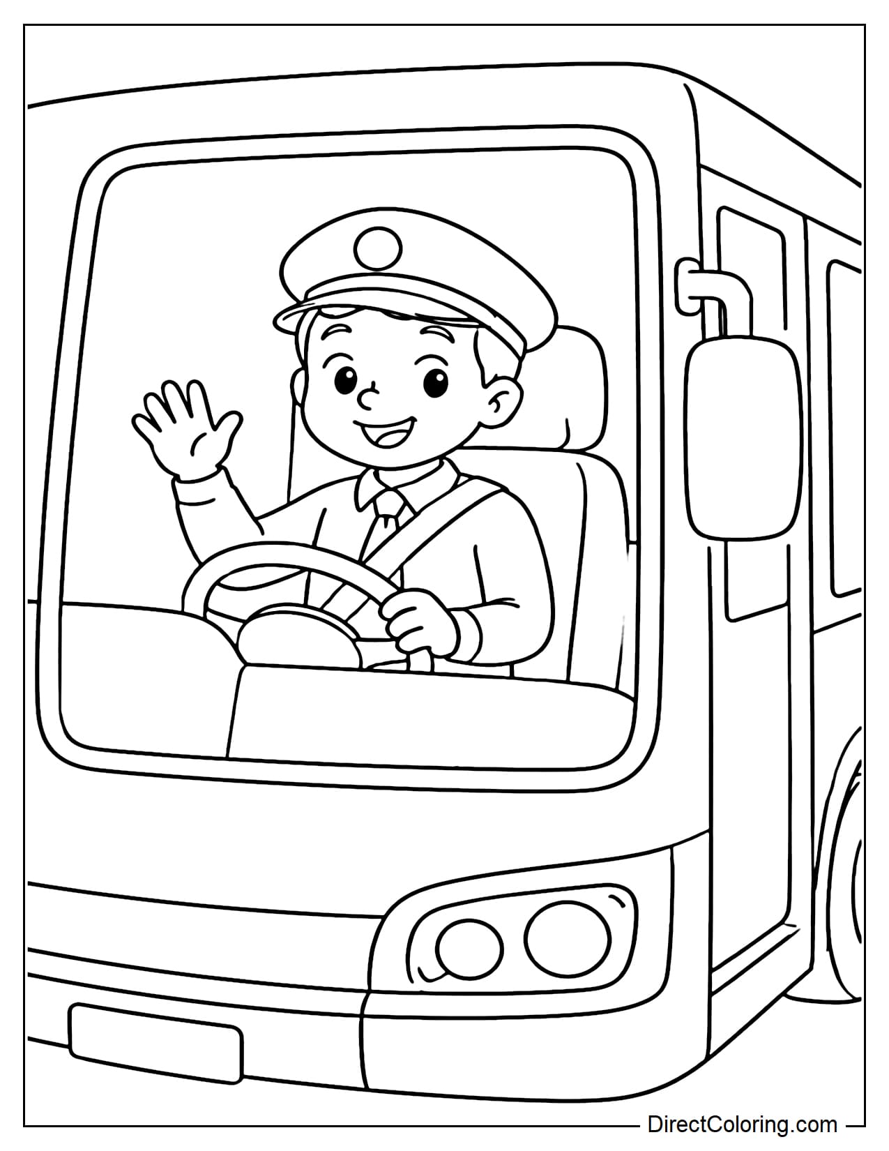 The cheerful school bus driver sits in the driver's seat, looking out the window.