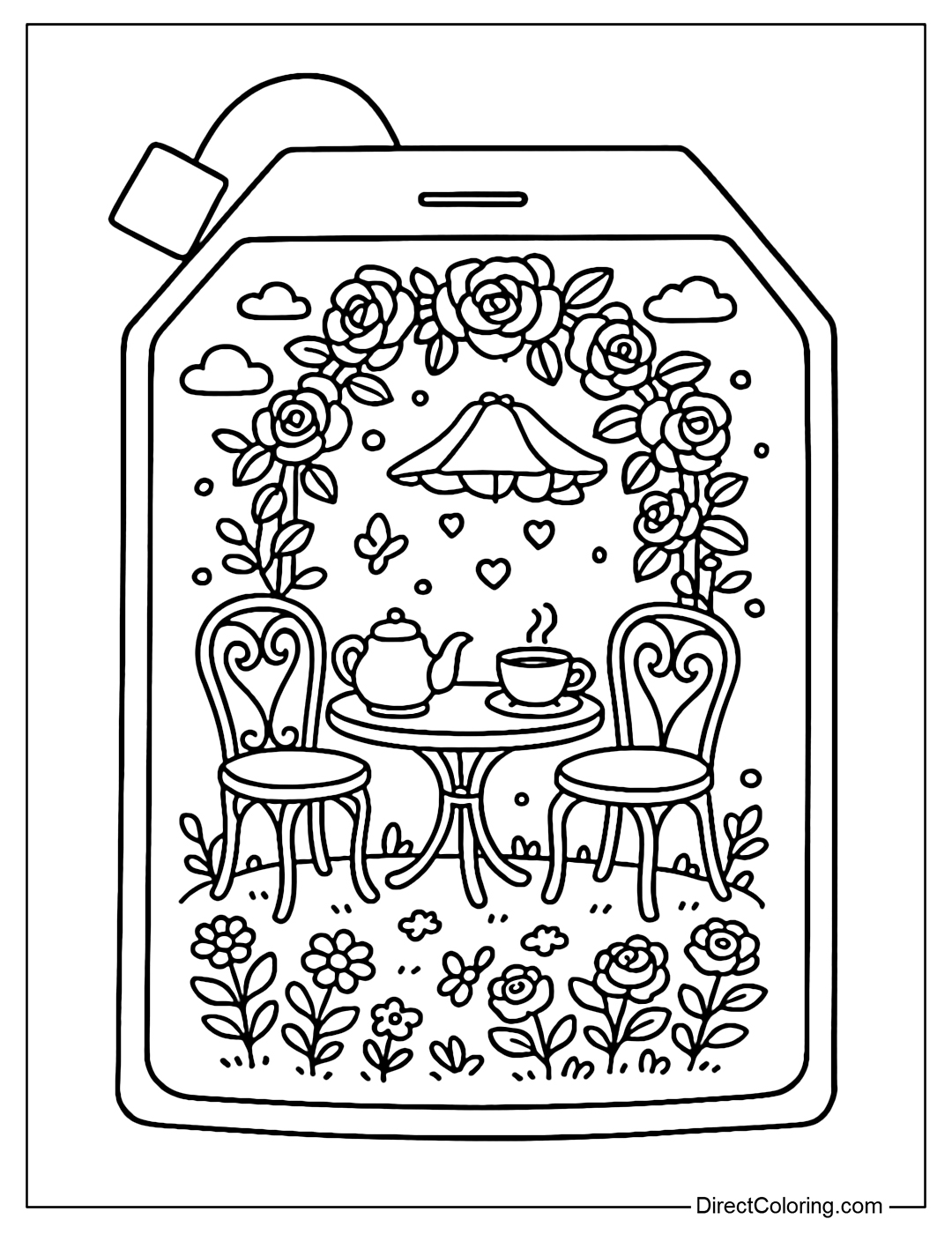A tea bag coloring page featuring a vintage garden, complete with a French tea table and rose arch.