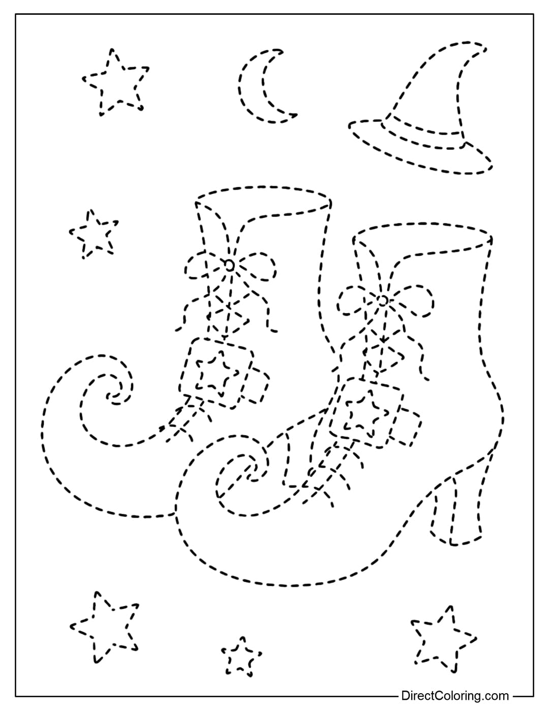 The witch shoes tracing color page with a curved toe, slightly high heel, star-shaped buckle and winding laces.