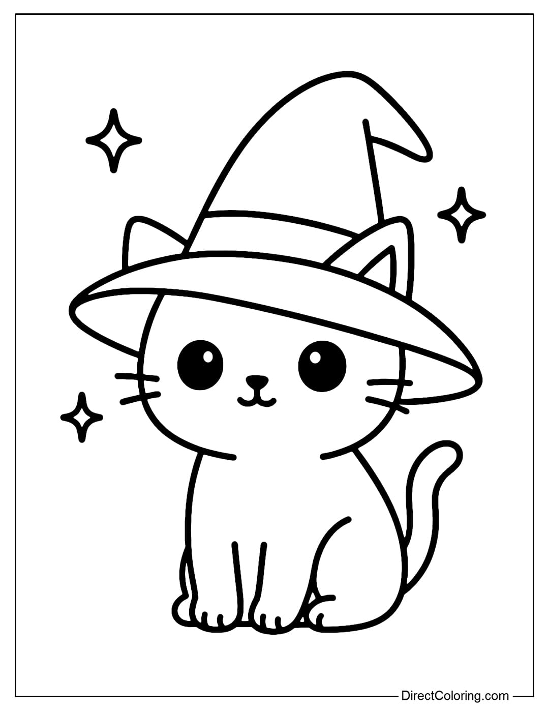 A coloring page of a black cat wearing an oversized witch hat, surrounded by a few sparkling little stars.
