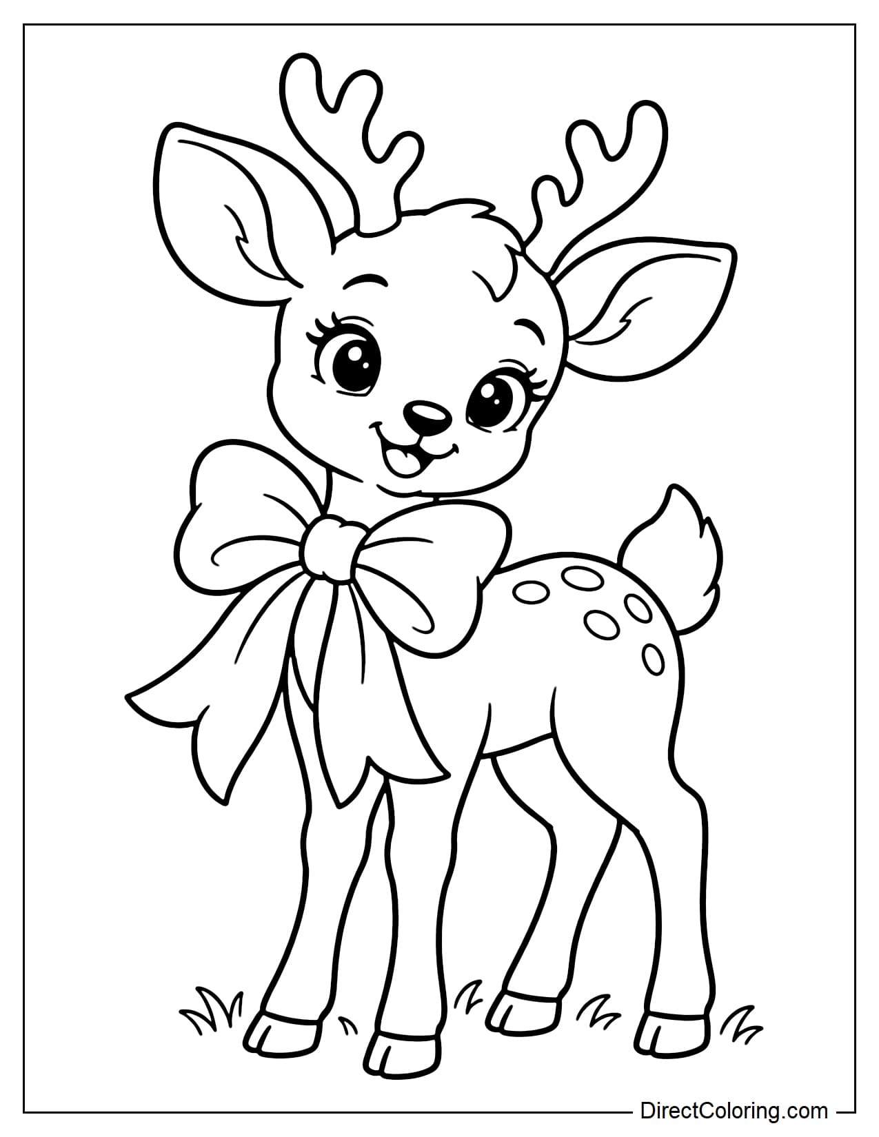A cute deer wearing a large ribbon bow around the front of its neck.