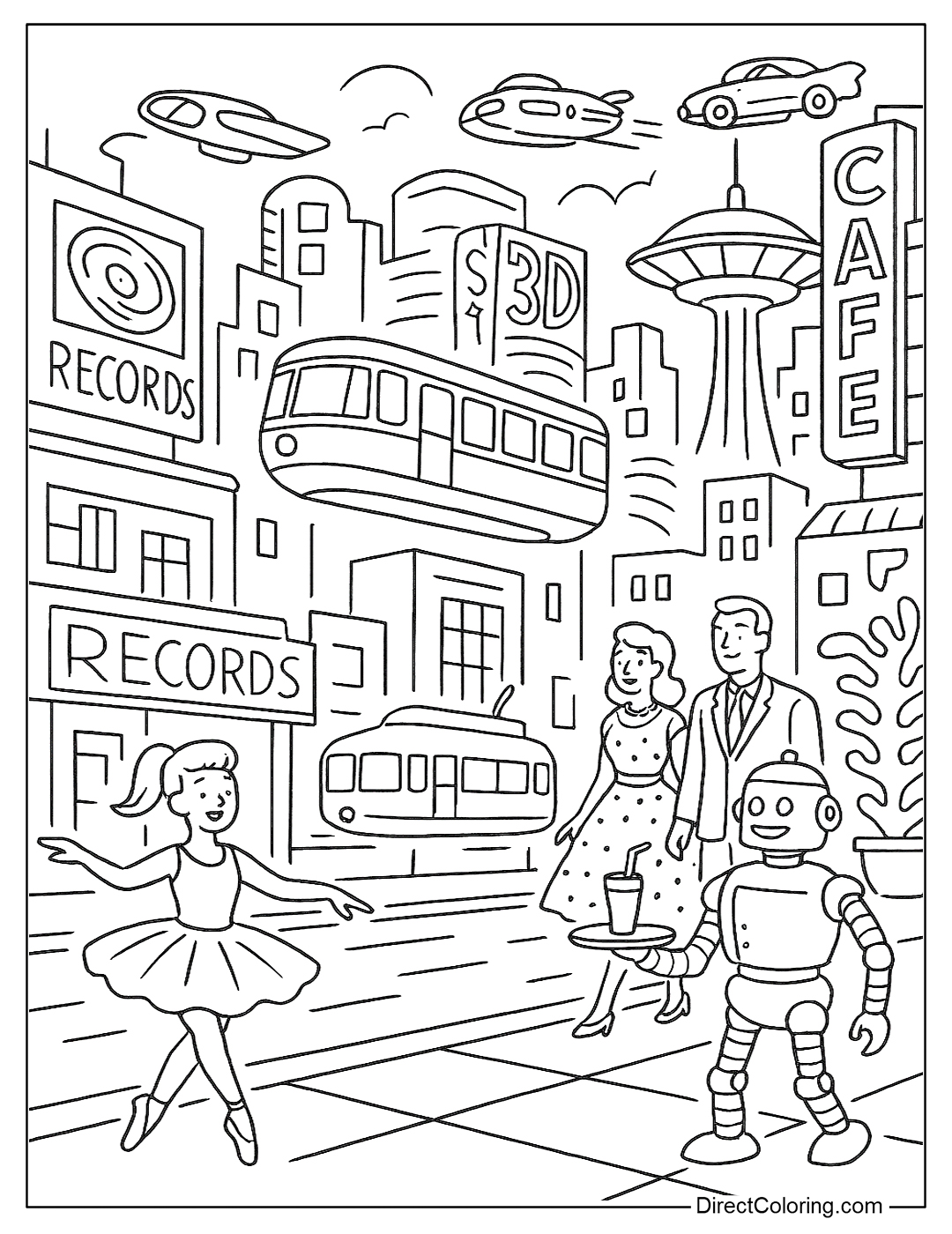 A 1950s city with a hovering tram, a UFO-shaped building, and robot waiters