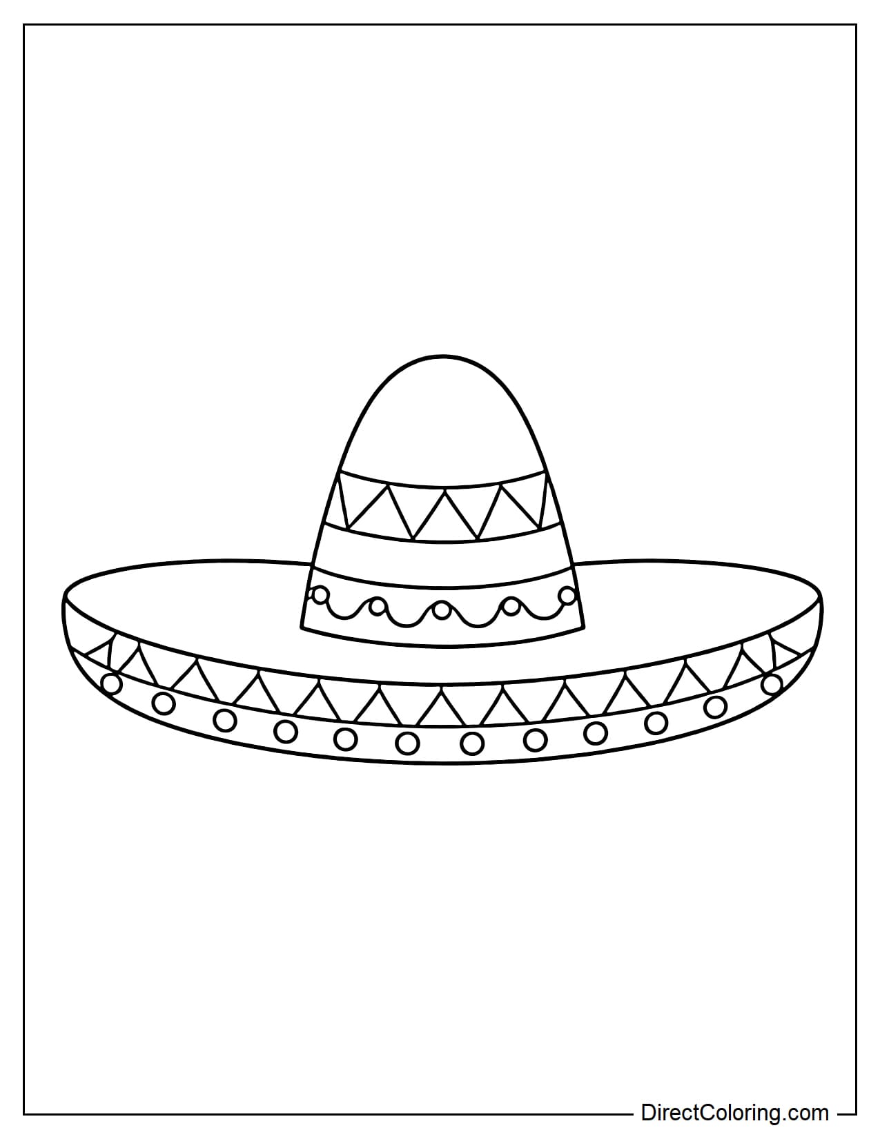 A traditional Mexican sombrero hat, with a high crown featuring zigzag and wavy patterns, and a wide brim decorated with triangles and polka dots.