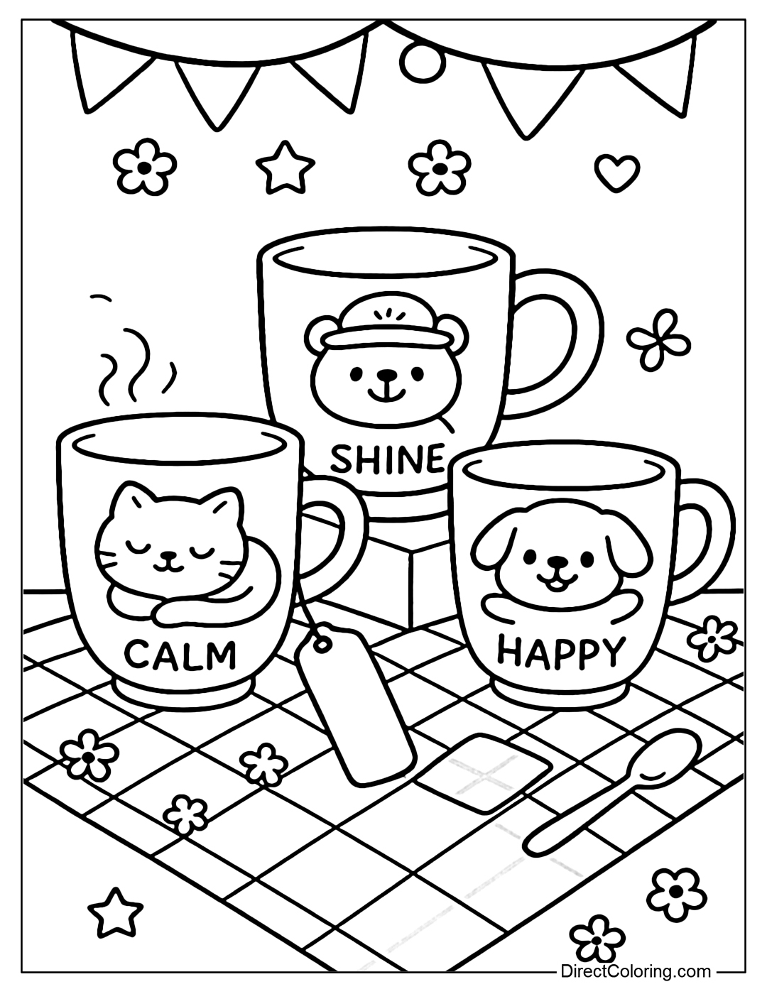 Coloring page of a collection of cute ceramic cups with animal shapes, each cup has the tag: Calm, Shine, Happy.