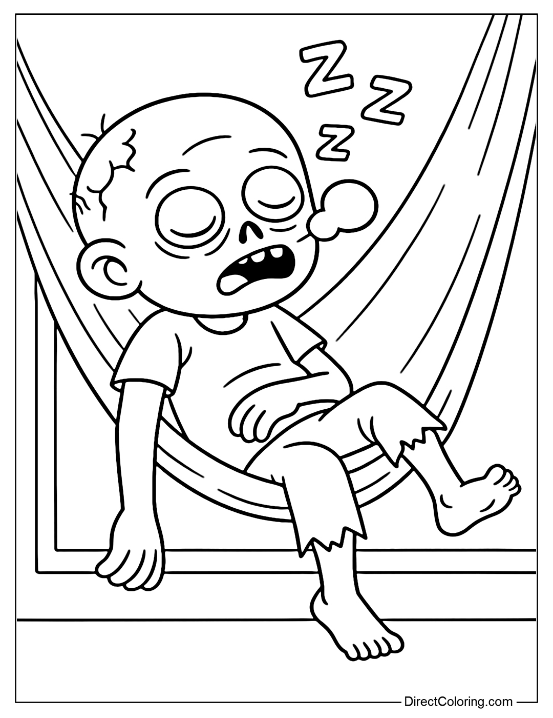 A zombie coloring page sleeping on a hammock, snoring loudly with a nose bubble, one leg falling off the bed.