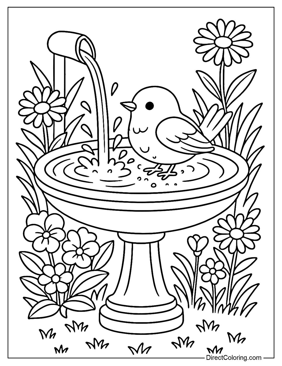 Coloring page of bluebird bathing in backyard water basin, splashing water; flowers and grasses surrounding