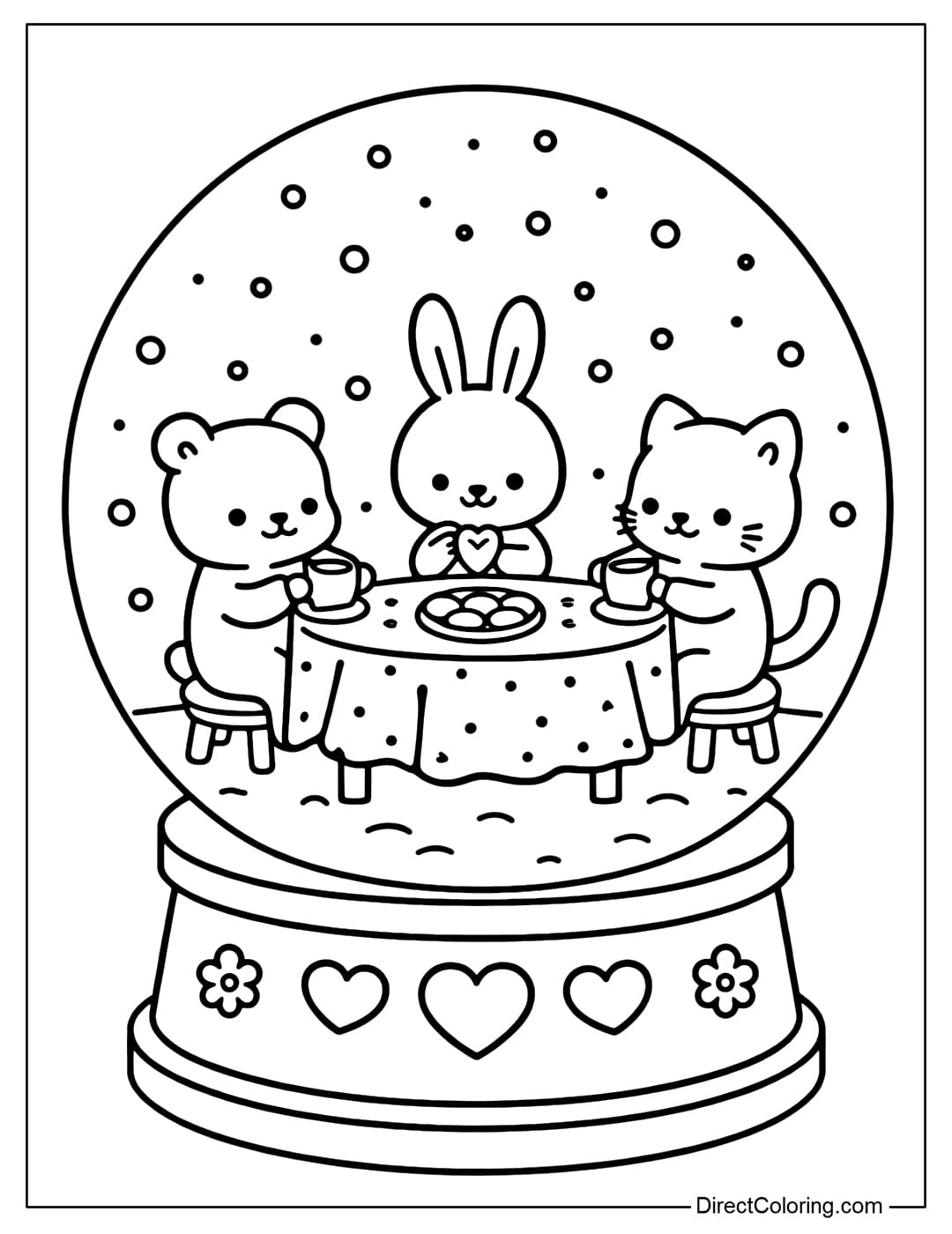 A coloring page with a snow globe depicting a mini tea party, with a bear cub, a bunny, and a kitten sitting around a small round table.