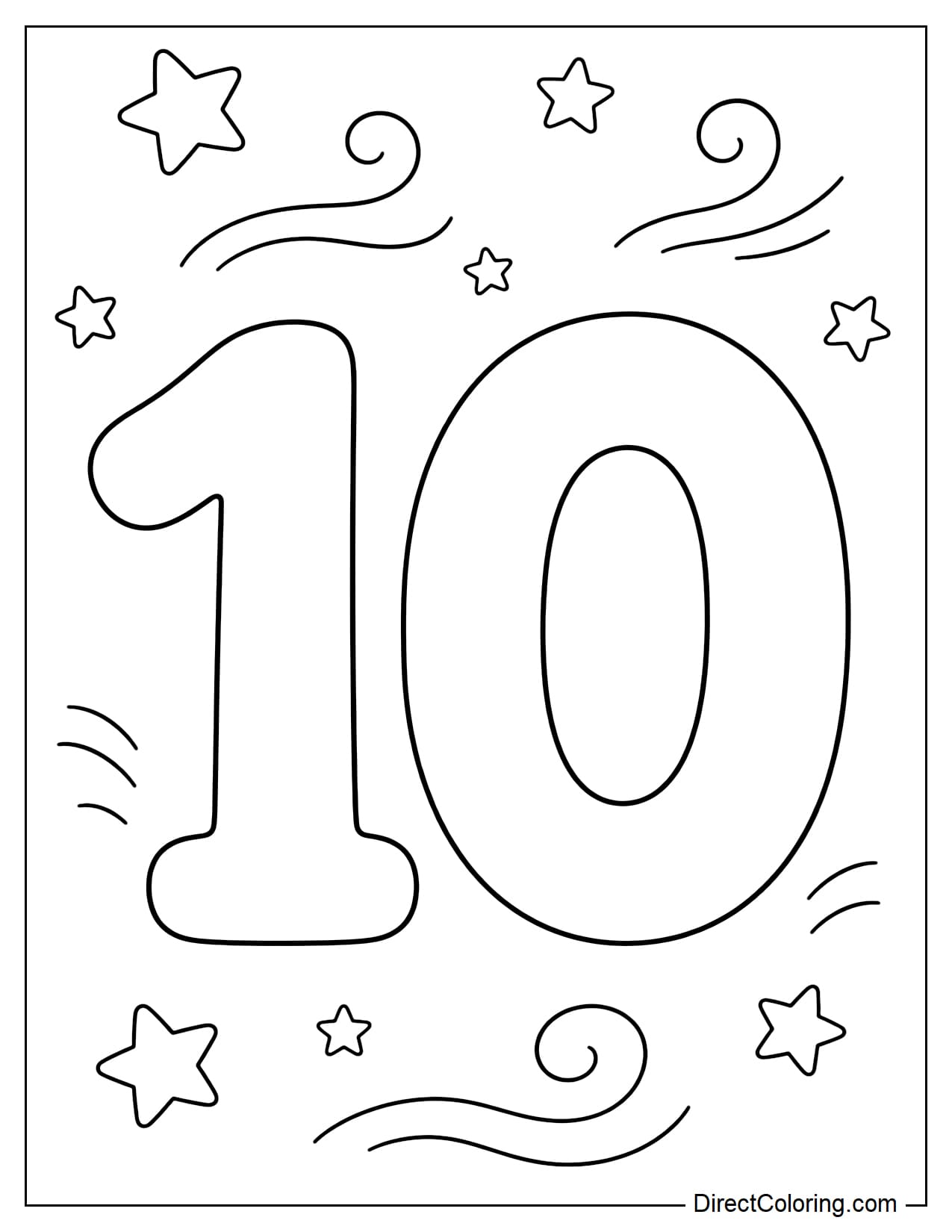 A large, simple number 10, surrounded by a few small stars and curves.