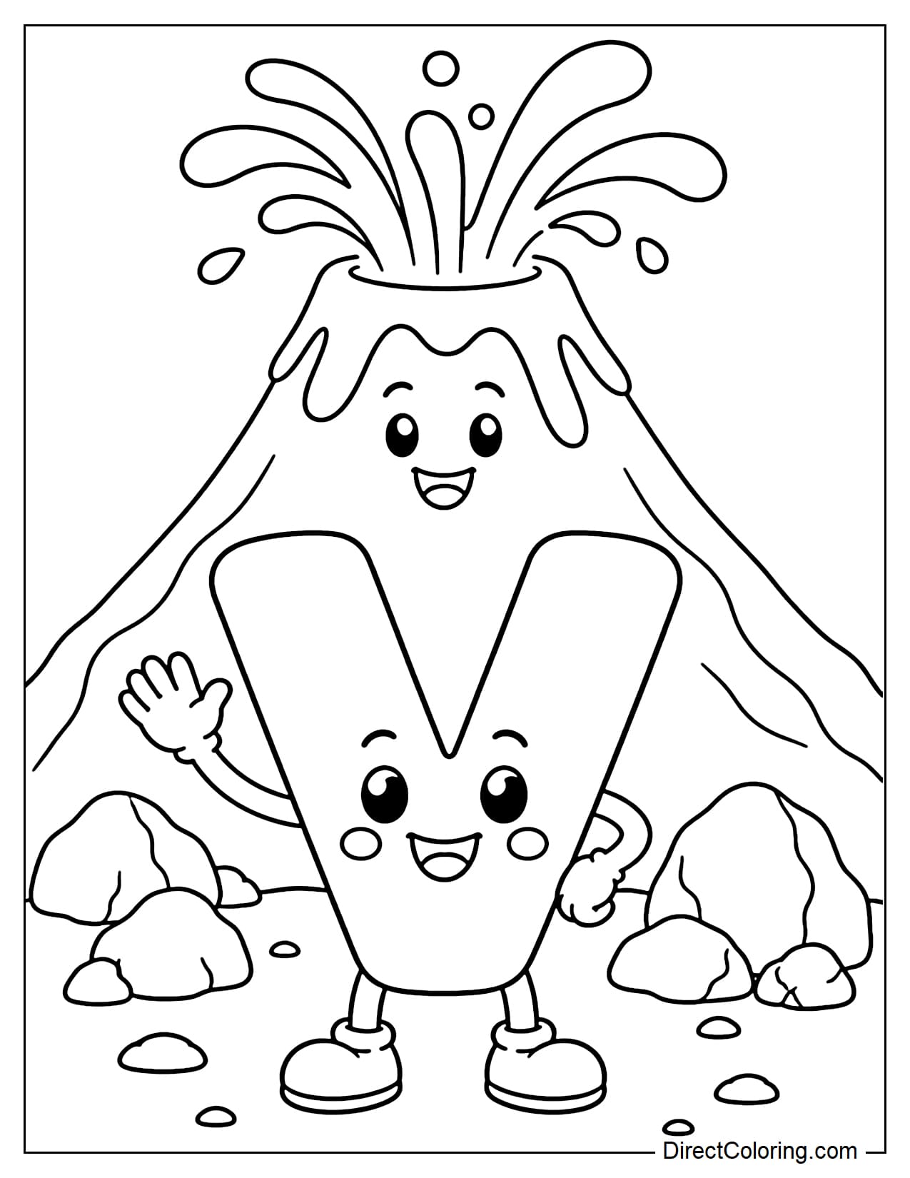 The cheerful letter V is standing in front of a friendly volcano spewing simple streams of lava, surrounded by some rocks.