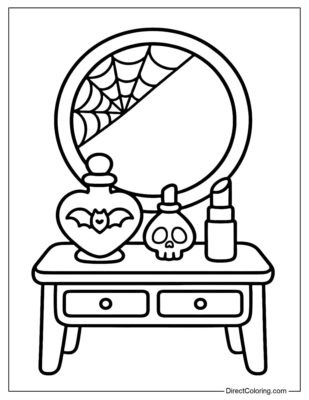 A makeup table coloring page with a round spider web mirror, perfume bottles, and lipstick neatly arranged.