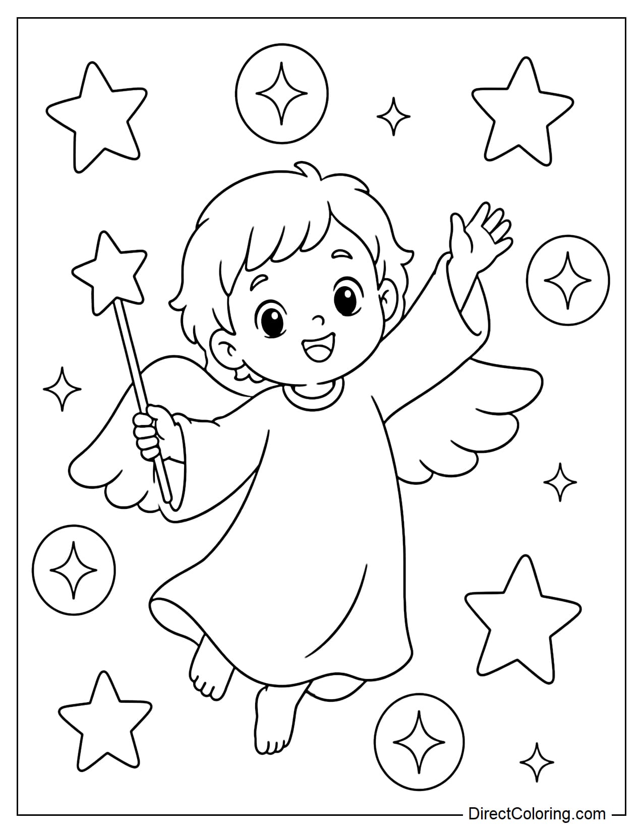 A little angel holds a star-tipped wand, raising one arm as if granting a wish; large stars and big sparkling rings surround the angel.