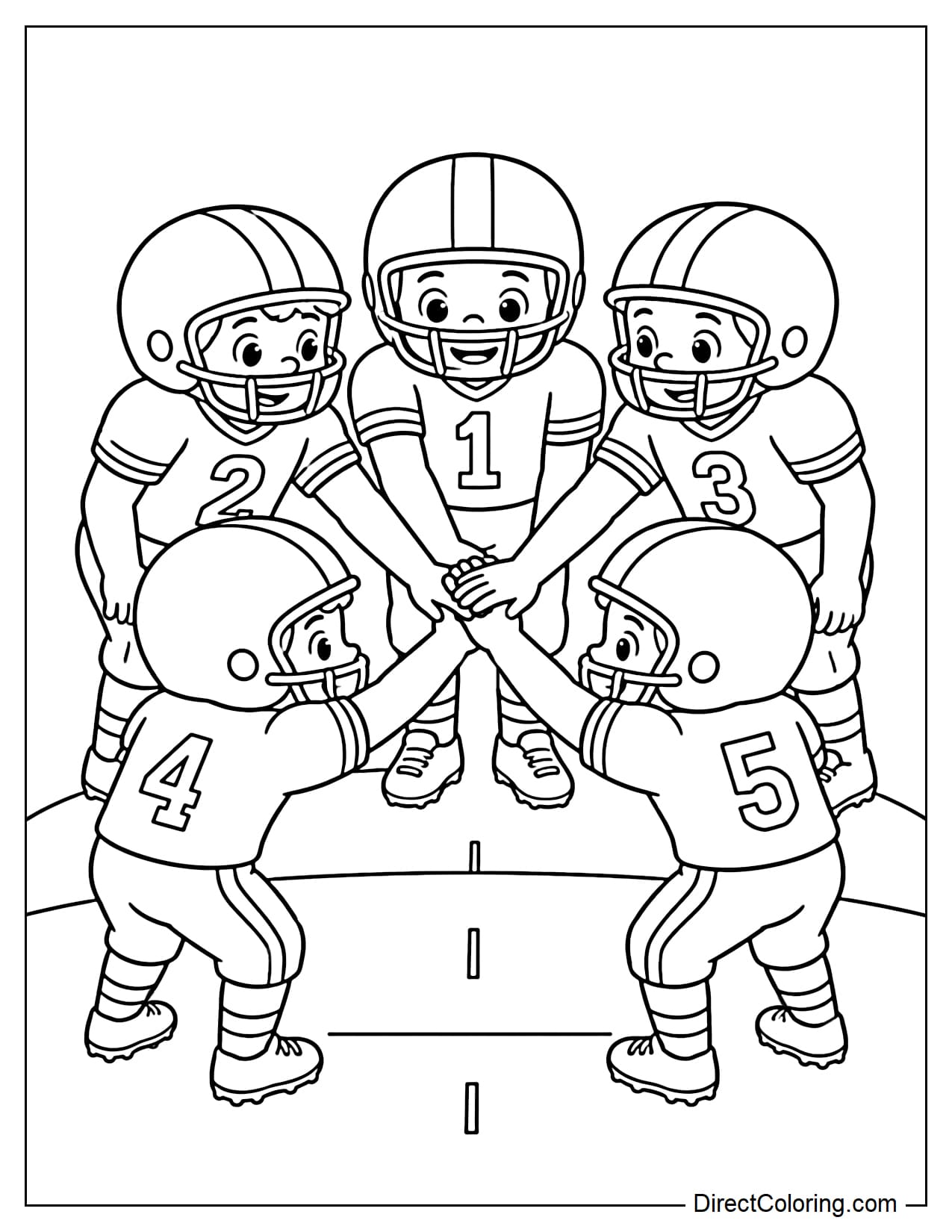 Five young football players stand in a circle, leaning in and placing their hands together as they cheer before the game.