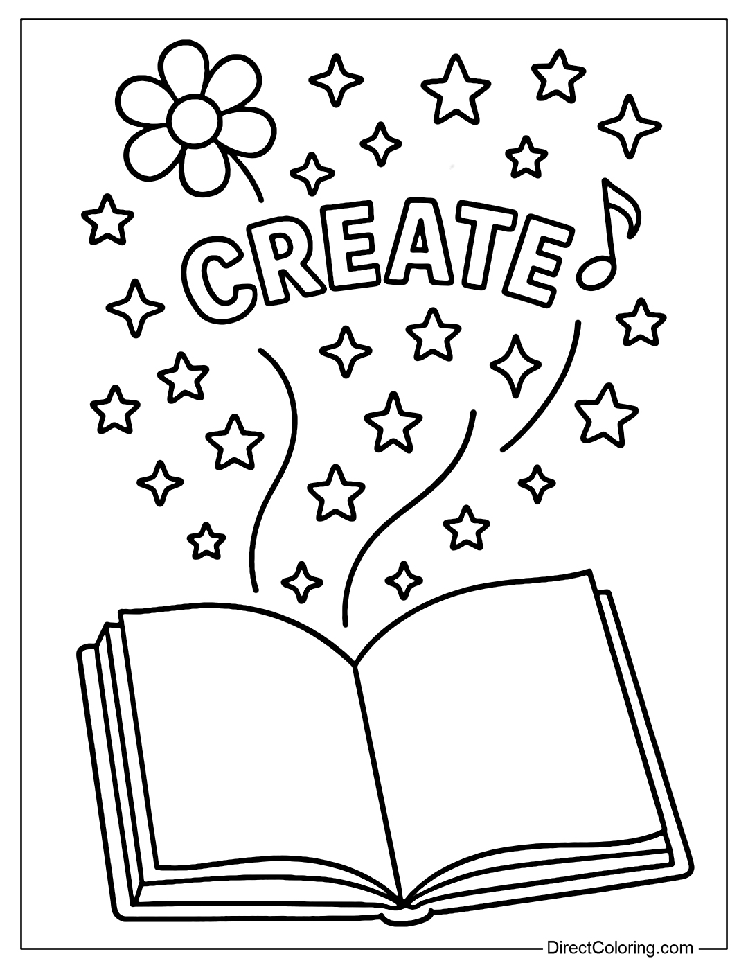 Coloring page of an open notebook, with magical symbols such as blooming flowers, the word Create, musical notes and stars flying out from the pages.