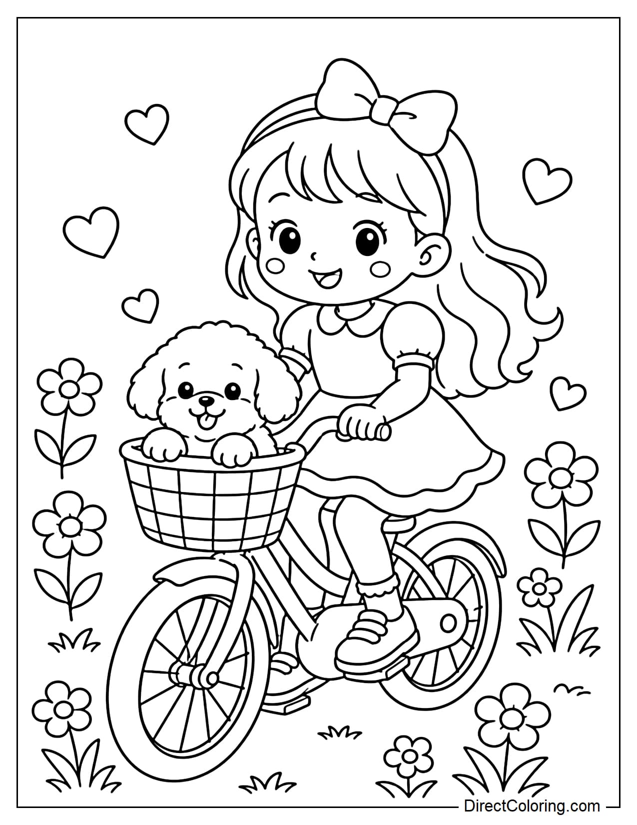 A little girl rides her bike with a cute puppy sitting in the front basket. The puppy pokes its head out adorably, with flowers, grass, and a few small hearts around them.
